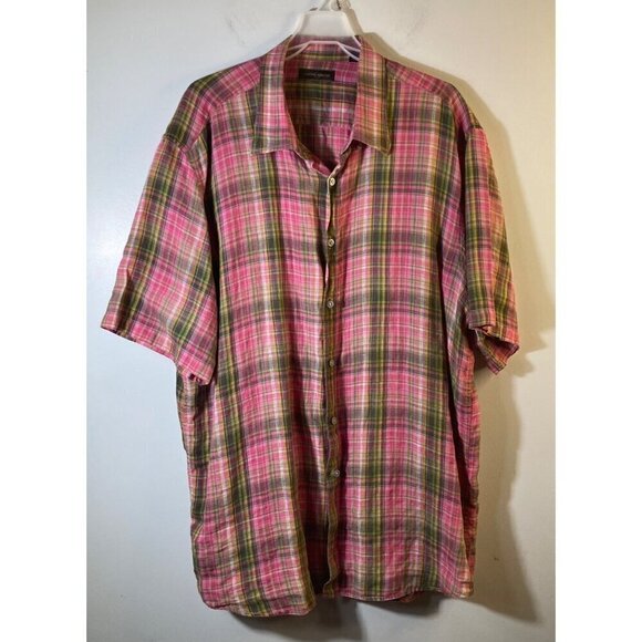 Mens Joseph Abboud Linen Short Sleeve Plaid Button Shirt Pink Green 2XL - Picture 1 of 6